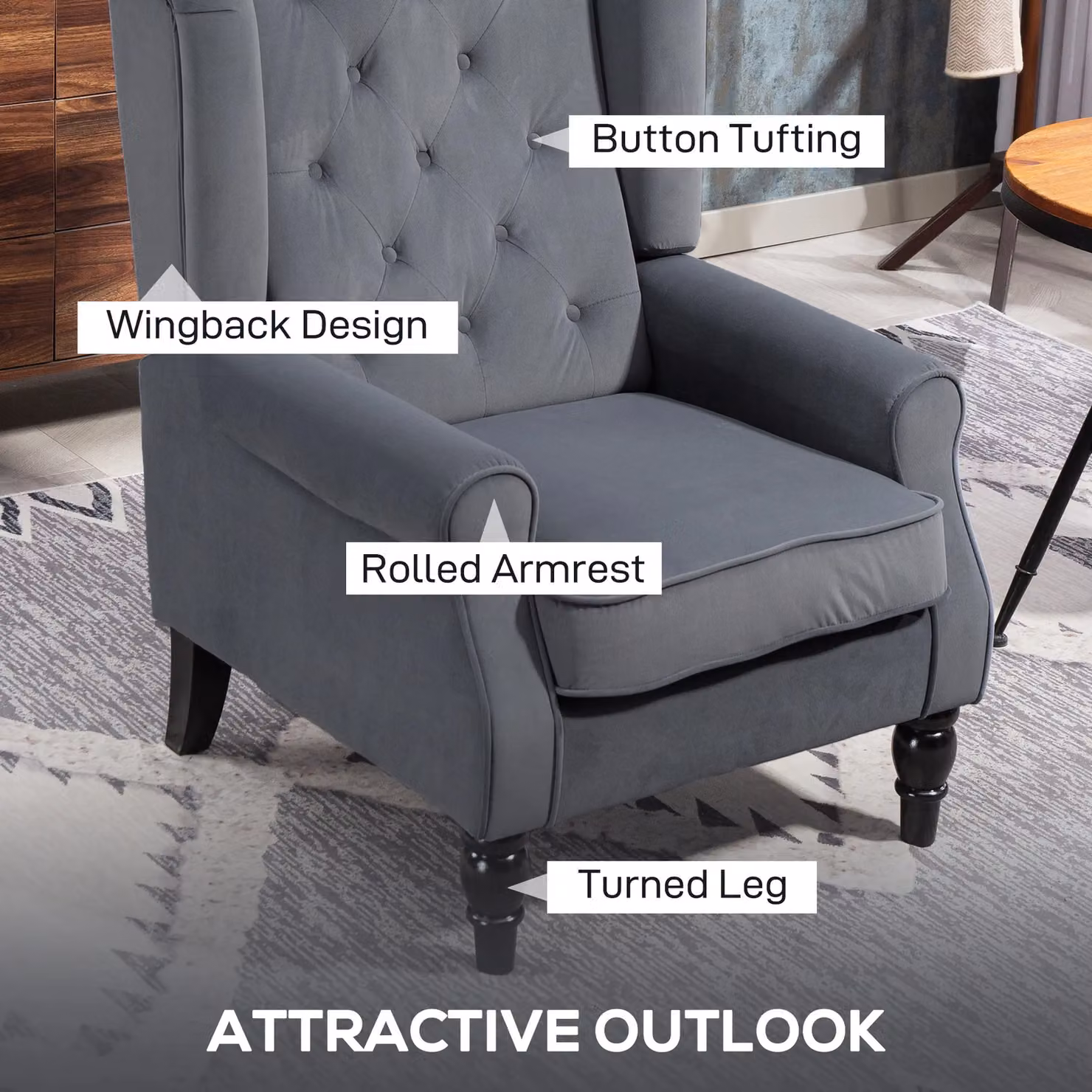 HOMCOM Retro Wingback Accent Armchair with Solid Wood Frame in Grey Fabric – 3