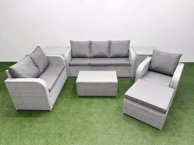 Fimous Patio 7 Seater Grey Rattan Outdoor Furniture Set with Reclining Chairs, 3 Seater Sofa, Loveseat, and Rectangular Coffee Table