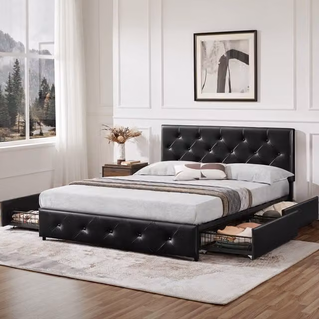 Yaheetech Modern Faux Leather Upholstered Bed Frame with 2 Drawers in Black, 180 x 200 cm