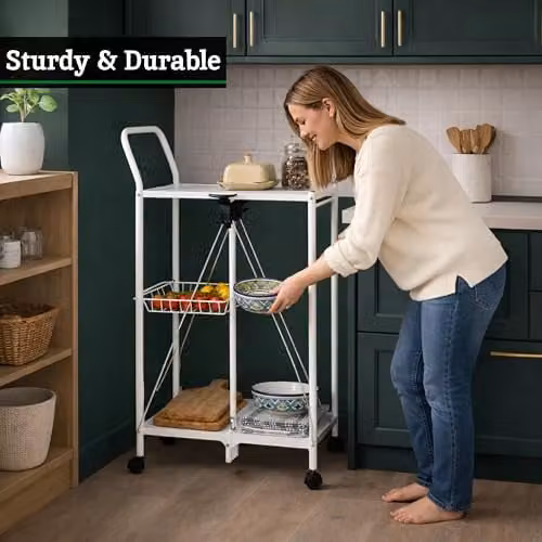 Premier Housewares White Rectangular Folding Kitchen Trolley with Castors – 4