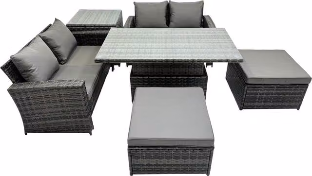 Fimous 6-Seat Rattan Garden Sofa Set with Lift Dining Table and 2 Stools in Dark Grey Mixed