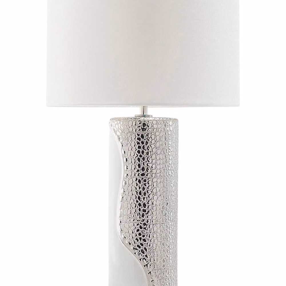 Wyld and Coco White Ceramic Pillar Table Lamp with Faux Silk Drum Shade – 2