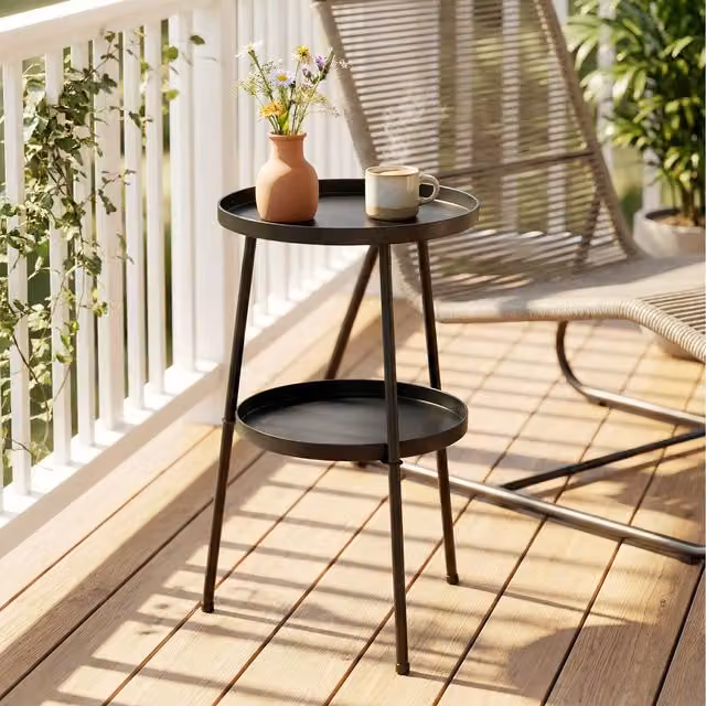 Outsunny 2-Tier Round Metal Patio Side Table in Matt Black