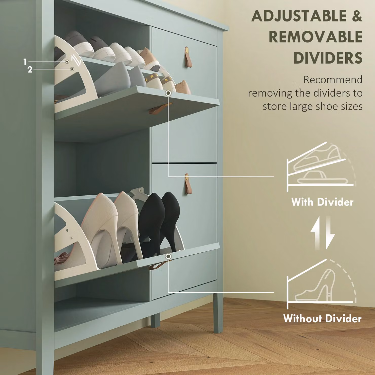 HOMCOM Modern Green 4 Drawer Shoe Cabinet with Tilting Compartments for Hallway and Entryway, H: 105.0 cm x W: 95.5 cm x D: 20.0 cm – 4