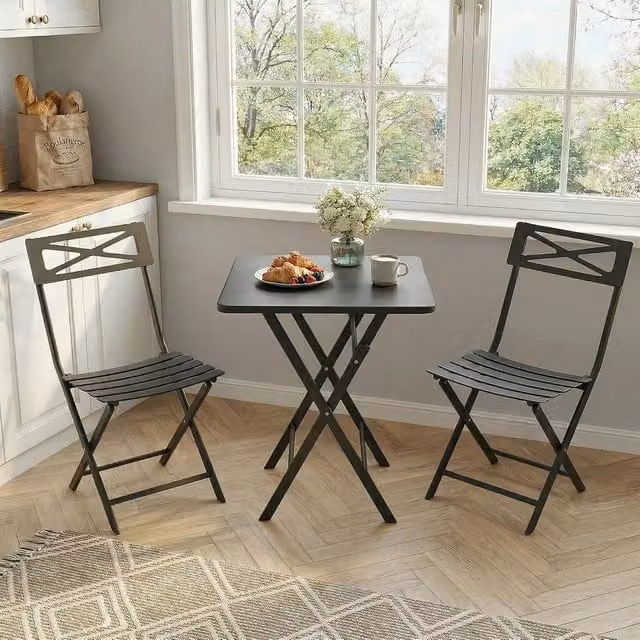 London Boutique 3-Piece Folding Bistro Table and Chairs Patio Furniture Set in Black Steel – 1