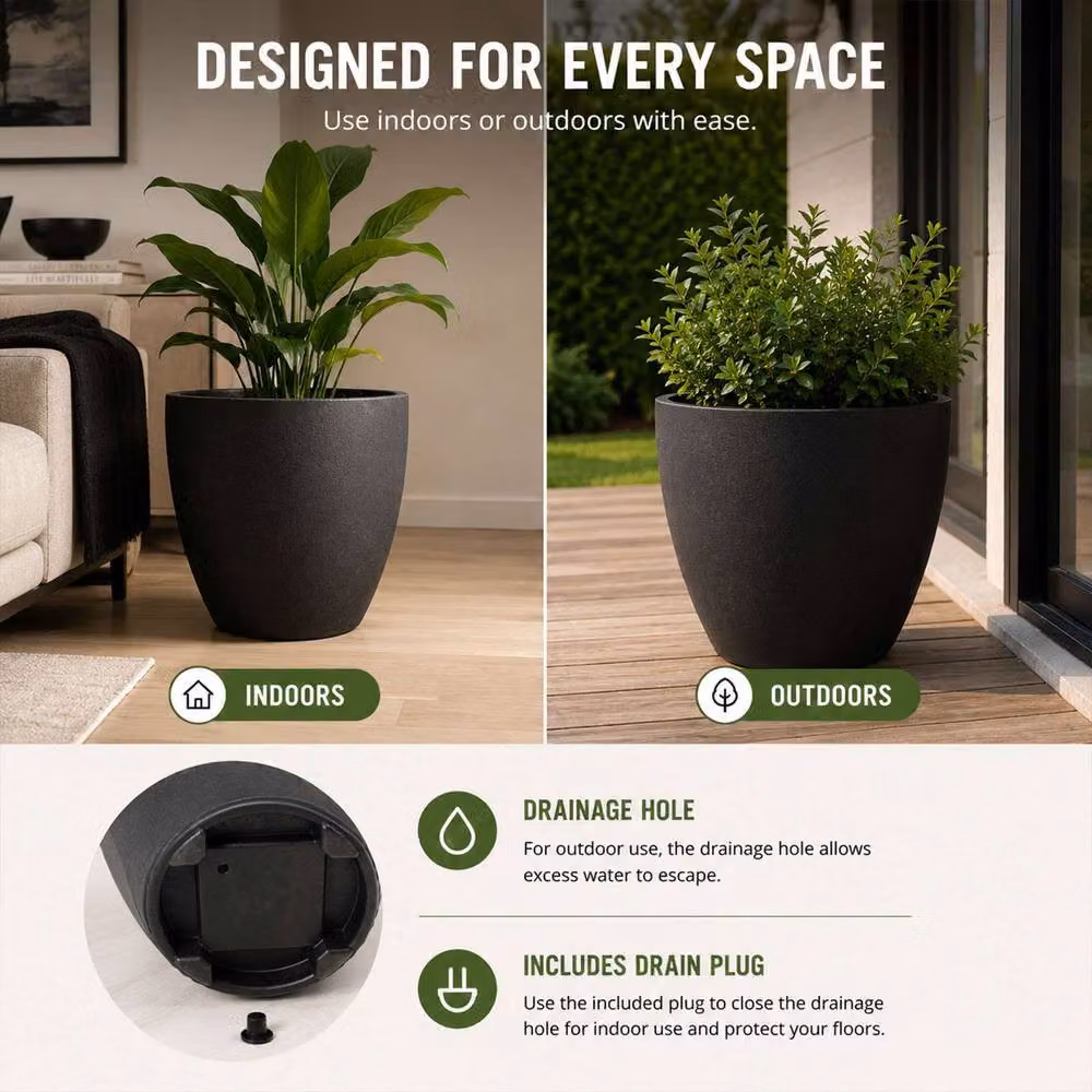 Nicoman Round Flower Planter Pot Pack of 2, Charcoal and Black, W: 36.5 cm, H: 35.5 cm – 5