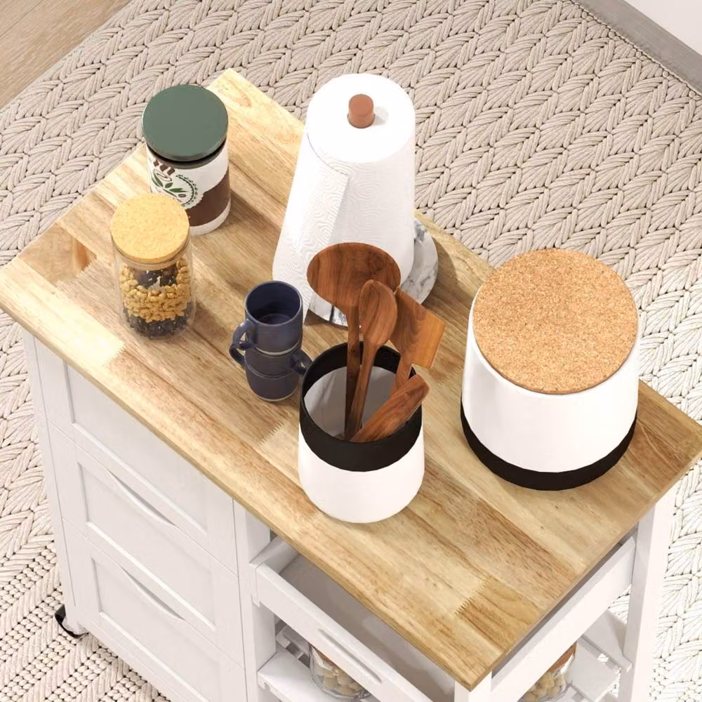 Wyld Haus Compact White Rolling Kitchen Island with Natural Rubberwood Top, W/D/H: 67.0 x 37.0 x 85.5 cm – 4