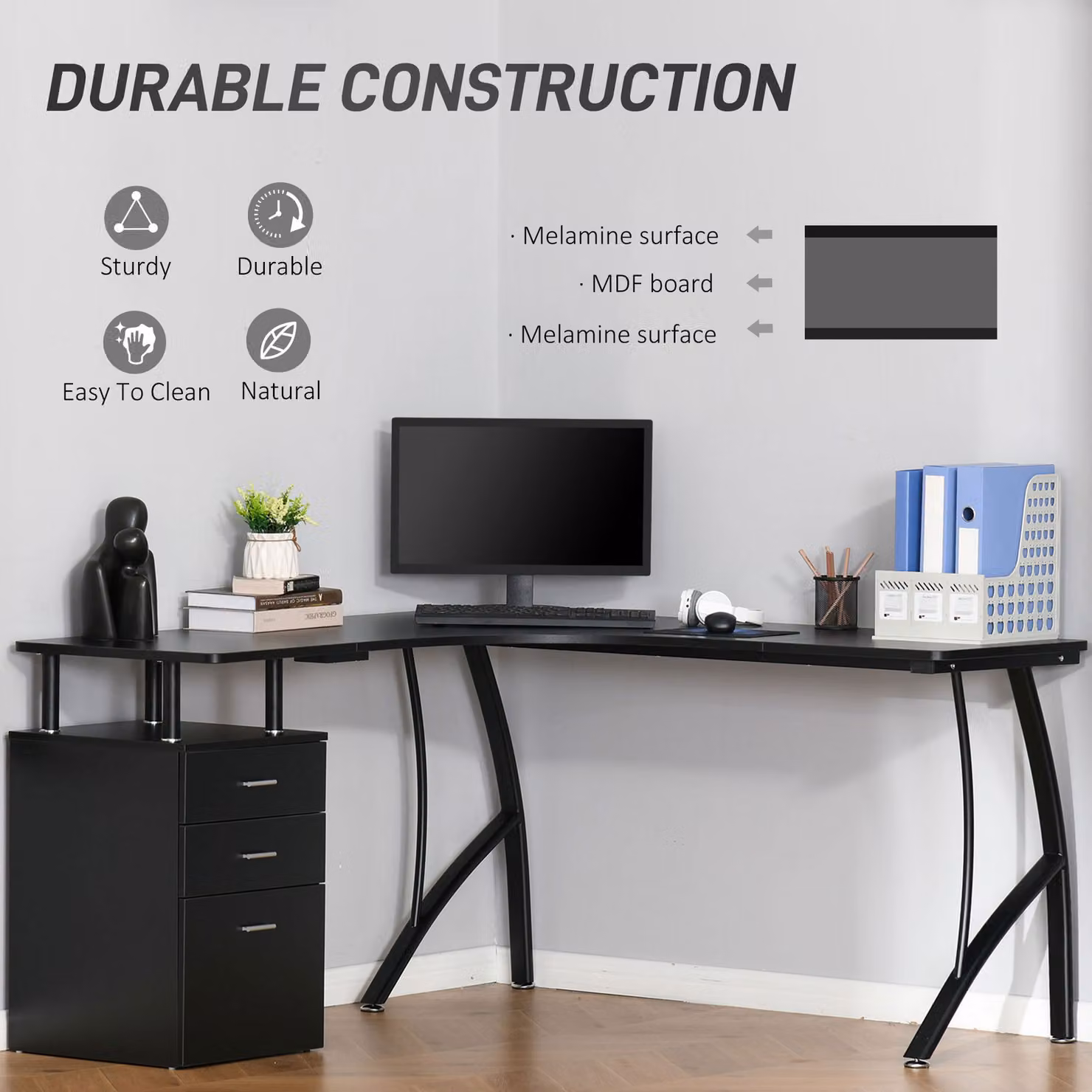 HOMCOM L-Shaped Industrial Style Corner Computer Desk with Storage Drawer in Black – 4