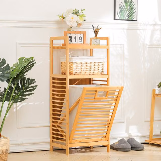 Livingandhome Bamboo Clothes Storage Rack with Removable Fabric Bag, Brown, Height: 95 cm