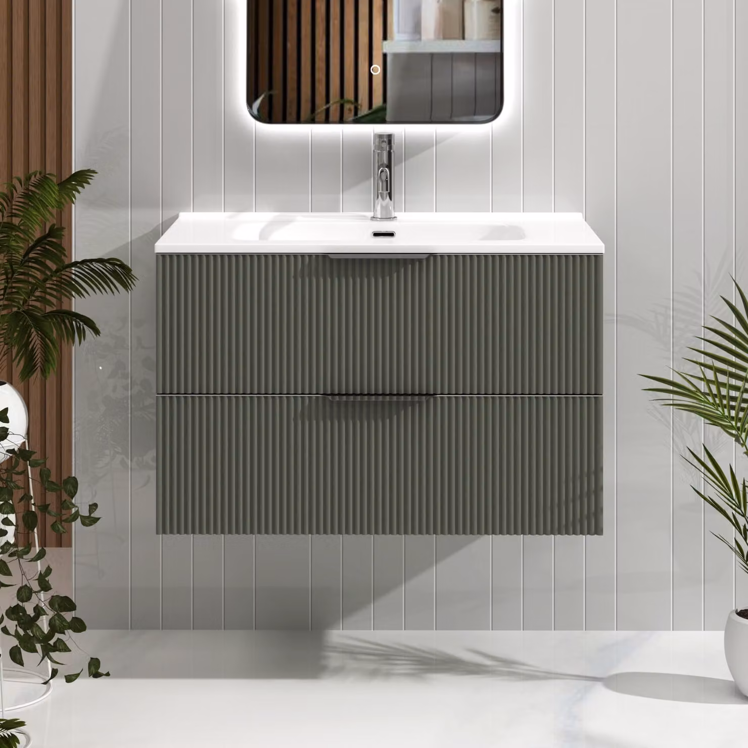 Royal Bathrooms Evora Wall Hung Vanity Unit with Ceramic Basin, Sage Green, W: 80 cm
