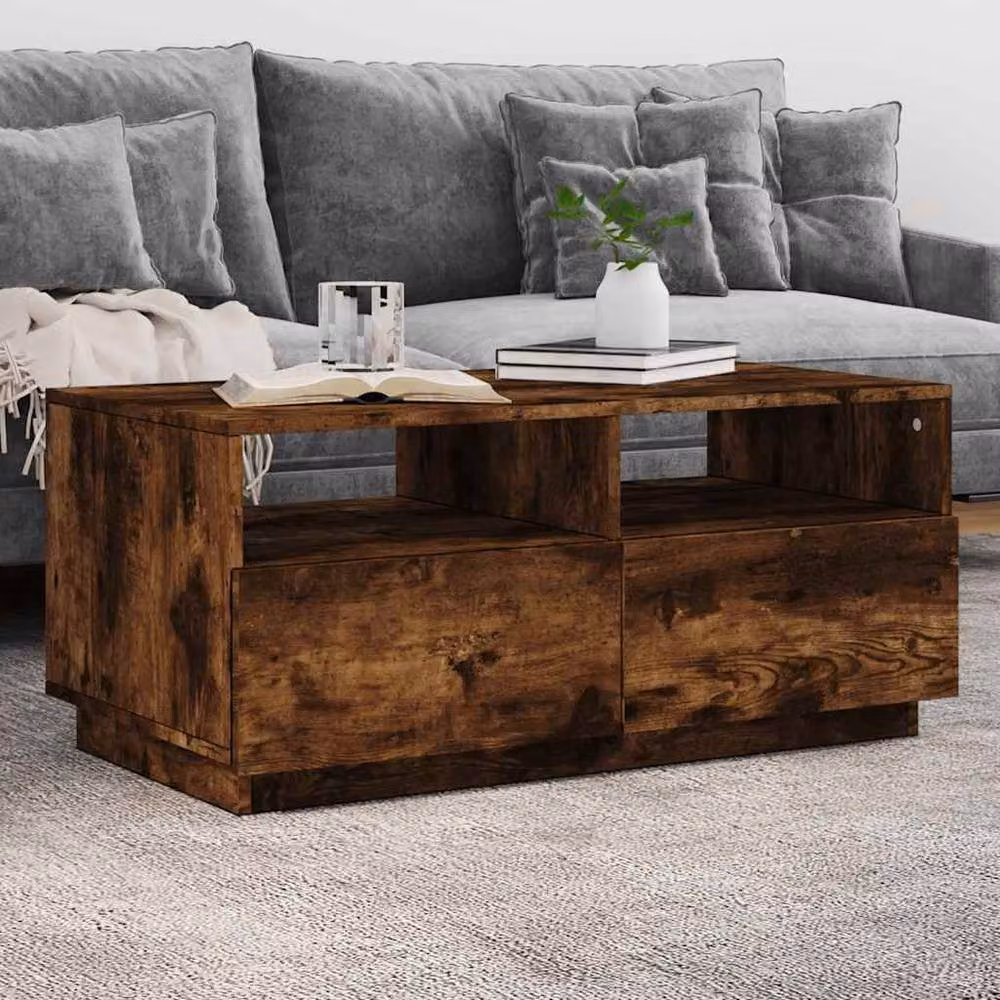Berkfield Home Modern Rectangular Coffee Table with LED Lights in Smoked Oak Brown, W: 90 cm, D: 49 cm, H: 40 cm – 2