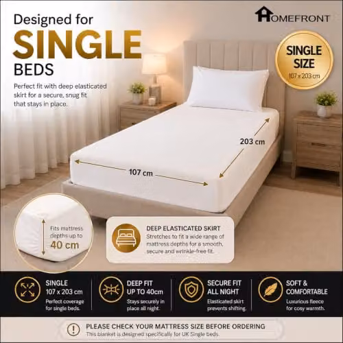 Homefront Single Size Premium Fleece Fitted Electric Heated Mattress Cover Underblanket in White, W/D/H: 203 x 107 x 40 cm – 2