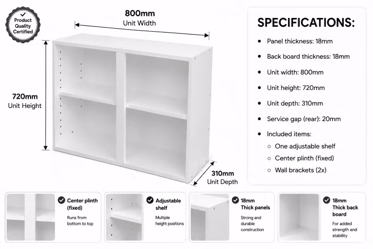 Cheap Furniture Warehouse White Matt Kitchen Wall Unit with Internal Shelves and Open Shelf Doors, W: 80.0 cm, H: 72.0 cm, D: 31.8 cm