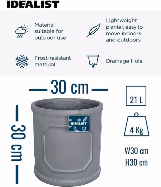 Idealist Chelsea Cylinder Planter Set of 2, Grey Stone Outdoor Round Flower Pots, Diameter: 30 cm, Height: 30 cm