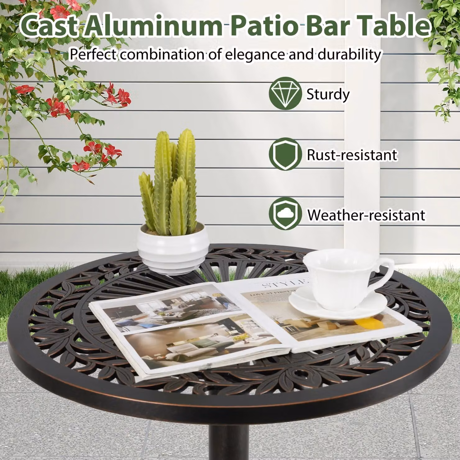 Gymax Round Patio Bar Table in Light Bronze, Cast Aluminium High Top Table, Diameter: 61 cm, Height: 105 cm – 5