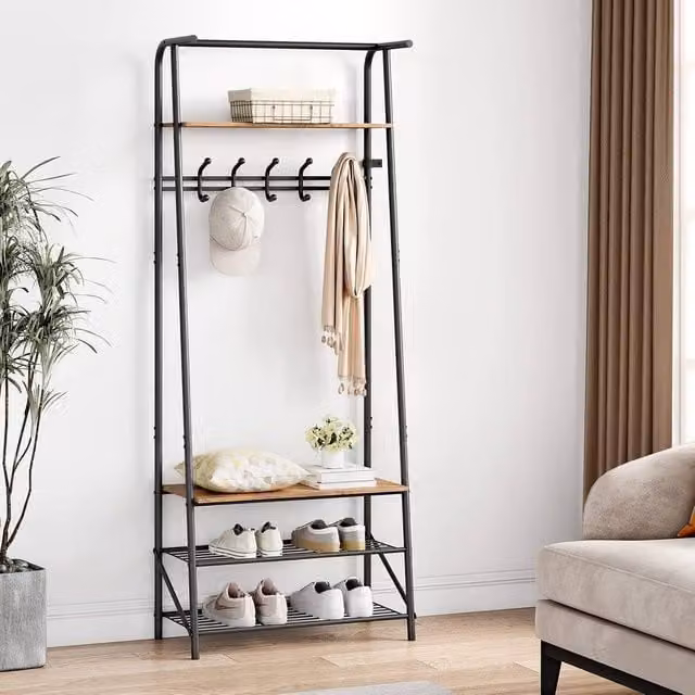 London Boutique 4-in-1 Industrial Hall Tree with Shoe Storage Bench and 5 Hooks in Brown – 1