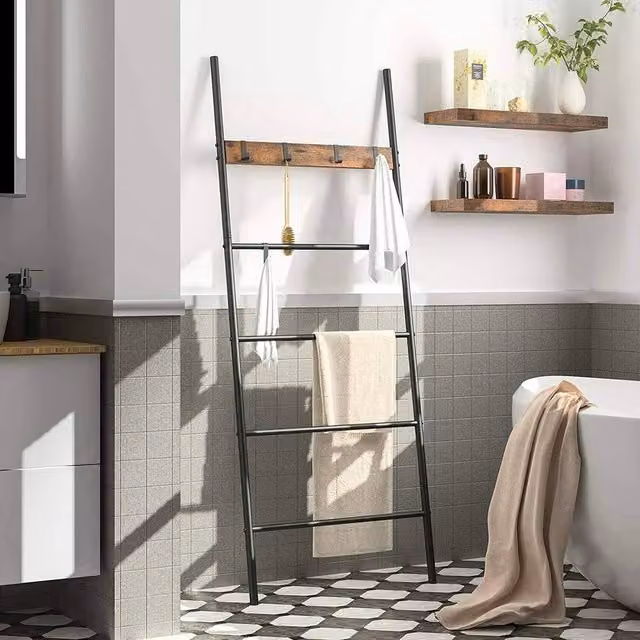 EONLION Black Metal and MDF Leaning Blanket Ladder and Towel Rack, H 177 cm x W 60 cm x D 3.3 cm – 1
