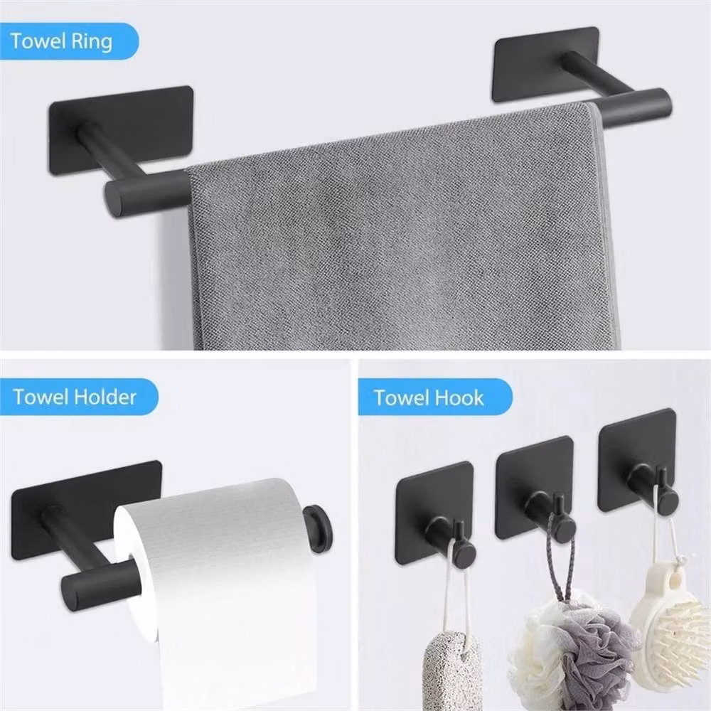 Nordara 5-Piece Black and Silver No-Drill Bathroom Accessories Set with Wall-Mountable Adhesive Toilet Roll Holder – 2
