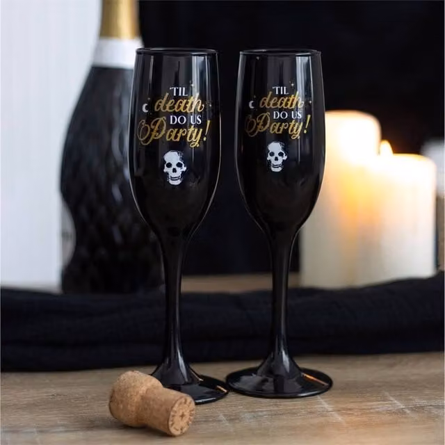 Uniqueful Til Death Do Us Party Champagne Flute Set in Black and Gold, 2 Pack