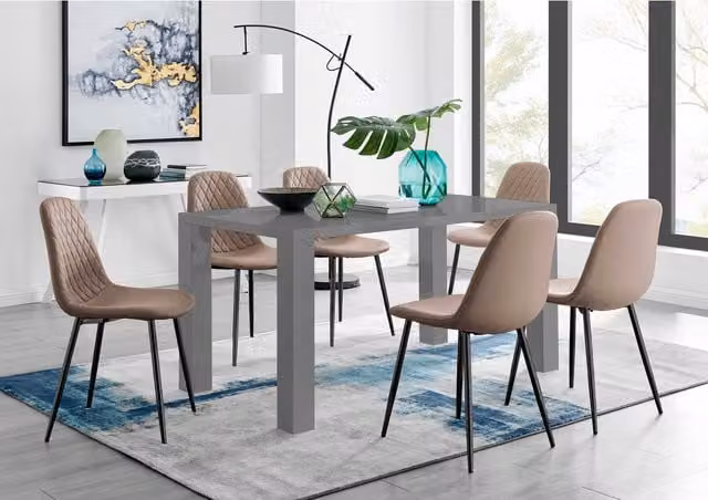 FurnitureboxUK Pivero Grey Rectangular Dining Table and 6 Corona Black Leg Chairs in Cappuccino