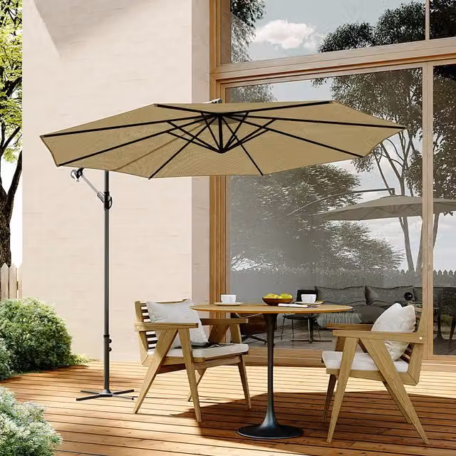 Livingandhome Freestanding Outdoor Garden Parasol Sunshade with Metal Cross Base in Beige and Brown