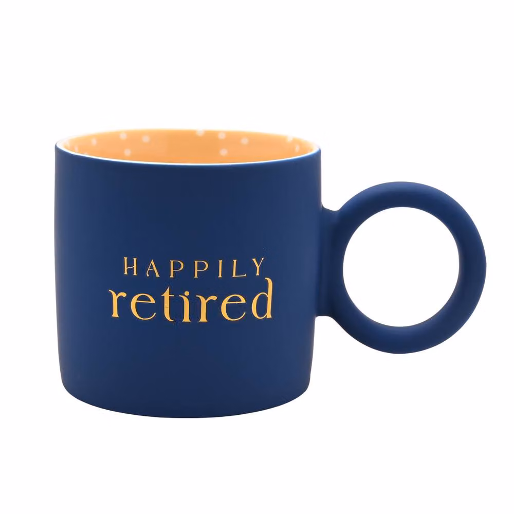 Confetti Happily Retired Navy Blue, Gold and Yellow Dotted Mug – 2