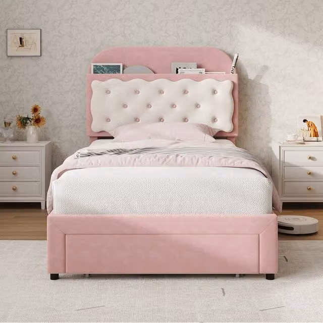 Merax Single Upholstered Velvet Bed with Biscuit Headboard and Drawer in Pink, W/D/H: 90 x 190 cm – 1