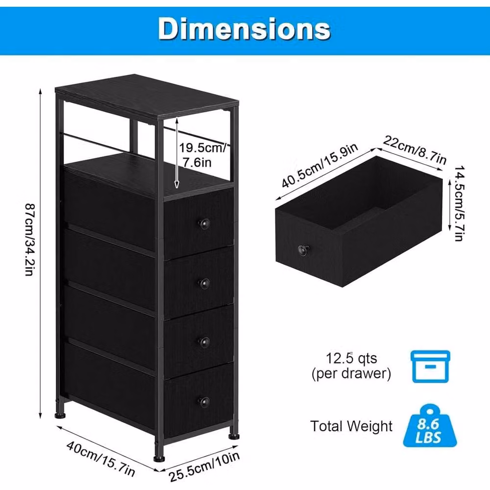 VOGREX 4-Tier Slim Fabric Drawer Dresser Home Storage Organiser in Black – 2