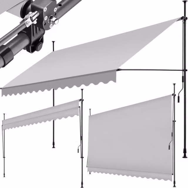 TECTAKE No-Drill Retractable Awning in Grey with Polyester Fabric and Steel Frame, Width: 400 cm