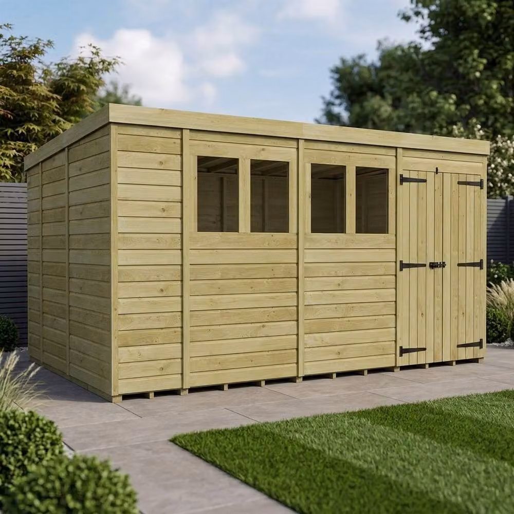Buttercup Farm Brown Timber Pent Garden Shed with Double Doors and Windows, W: 426.7 cm, D: 274.3 cm, H: 210 cm – 2