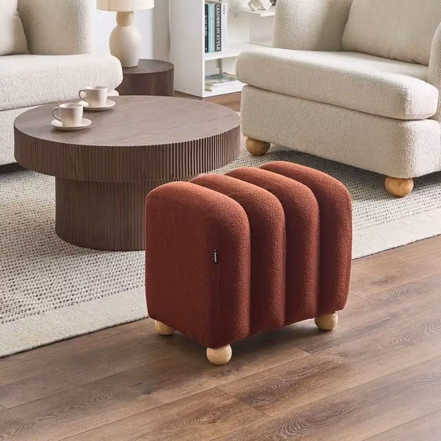 Wyld and Coco Boucle Teddy Pouffe in Brown with Wooden Legs – 1