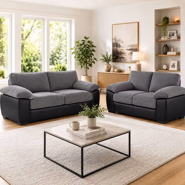 LUXURY LIFE Amalfi Air Leather and Jumbo Cord Sofa Set in Grey