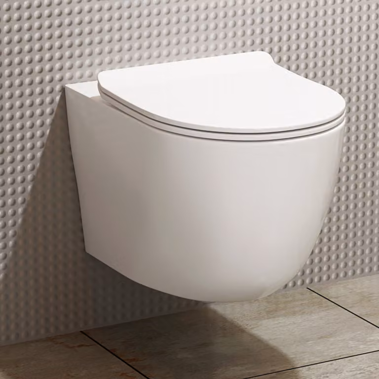 Royal Bathrooms Elva Short Projection Wall Hung Rimless Ceramic Toilet in White with Slim Soft Close Seat