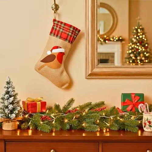 Shatchi Large Brown Robin Christmas Stocking with Classic Printed Design, 45 cm Hanging Burlap Linen Sack – 2