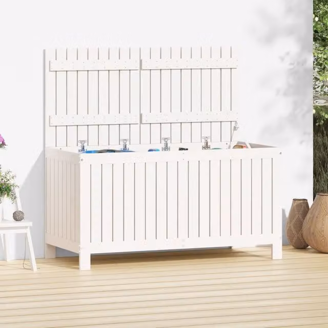 Berkfield Home White Solid Wood Pine Garden Storage Box W/D/H: 121 x 55 x 64 cm