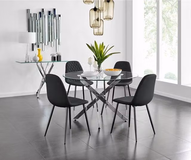 FurnitureboxUK Novara Round Glass Dining Table with Four Corona Black Leg Chairs, Black, Diameter: 120 cm