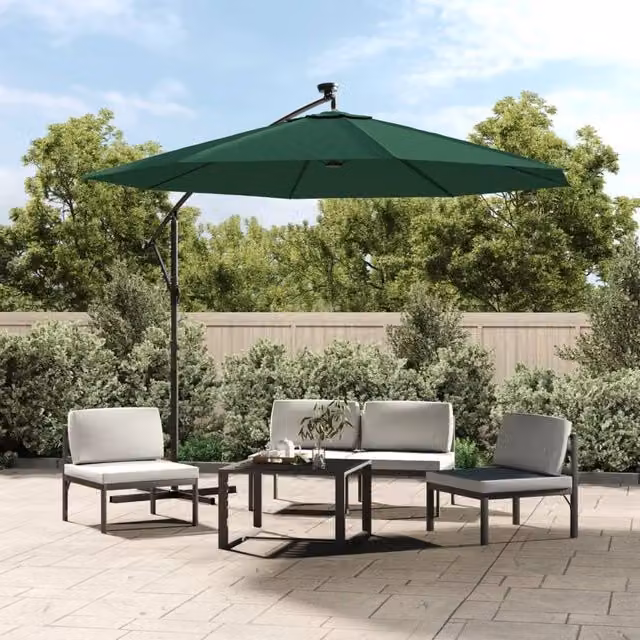 Berkfield Home Green Cantilever Hanging Parasol with LED Lighting and Metal Pole, Diameter: 300 cm – 1