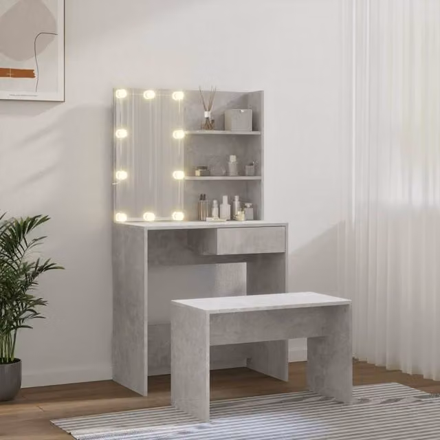 Berkfield Home White and Grey Modern Dressing Table Set with Hollywood LED Mirror, W/D/H: 141 x 40 x 74.5 cm – 1