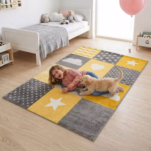Bravich Yellow Checked Kids Rug, W: 160 cm, D: 230 cm, Soft Anti-Allergic Polypropylene Play Mat for Bedrooms and Nurseries – 2