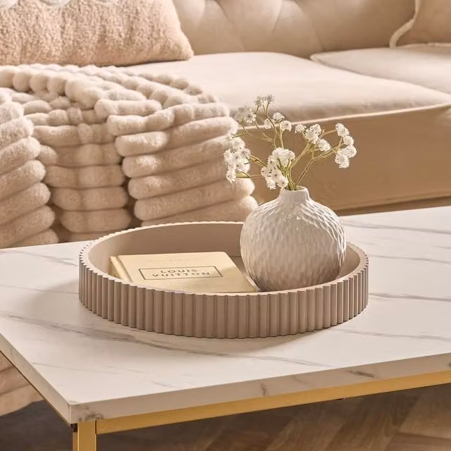OHS Ribbed Round Decorative Tray Tabletop Organiser in Beige