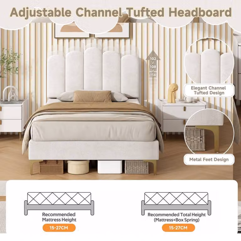 Merax Single Velvet Tufted Upholstered Bed with Adjustable Headboard in Beige