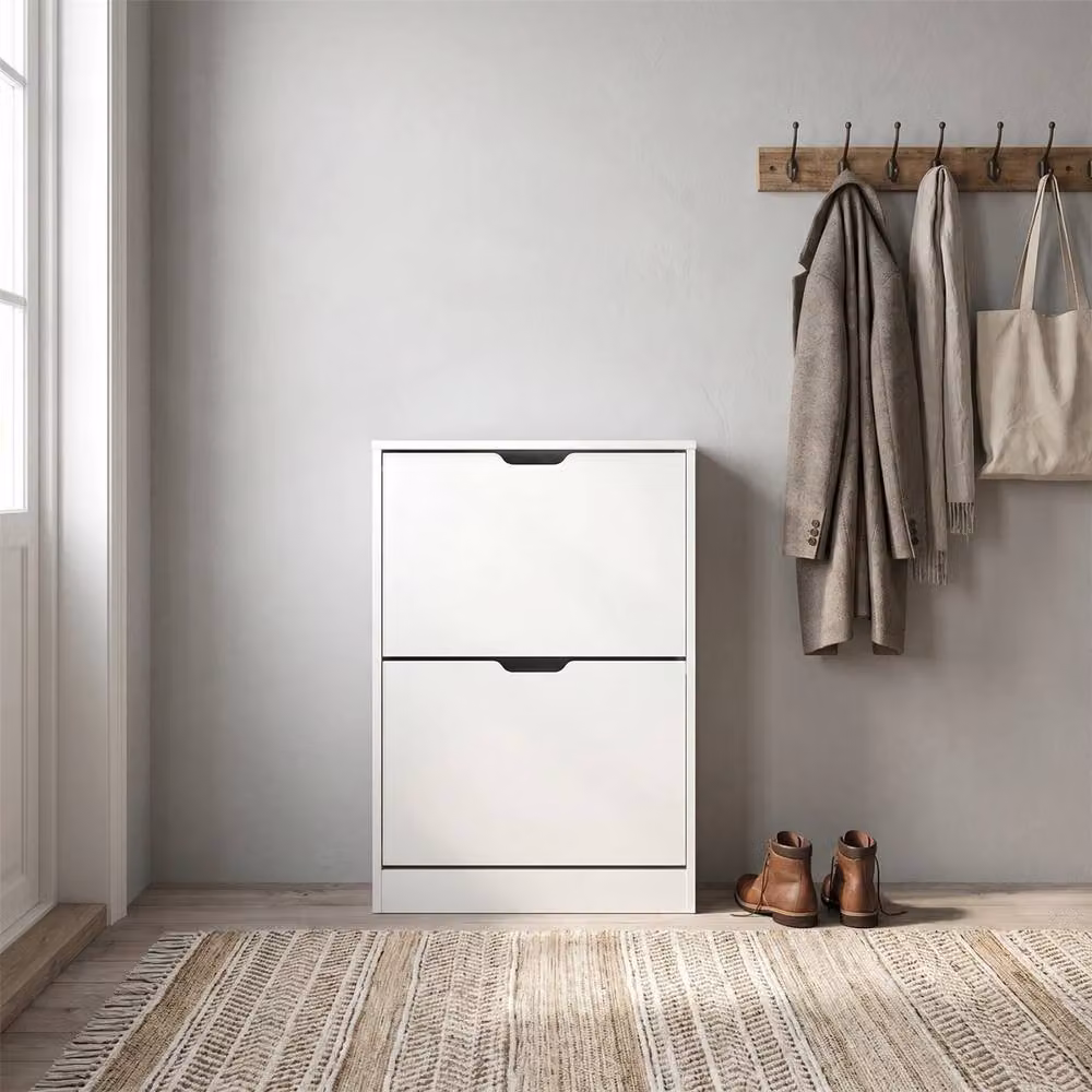 Nordara White Wooden 2 Drawer Shoe Rack Storage Cabinet with Tilting Compartments and Internal Shelves W: 100 cm, D: 17 cm, H: 83 cm – 2