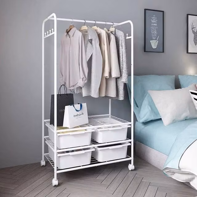 NESTLUNE White Metal Rolling Clothes Rail Rack