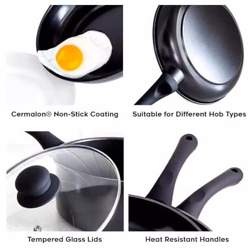 Cermalon 5-Piece Black Carbon Steel Cookware Set with Non-Stick Ceramic Coating – 5