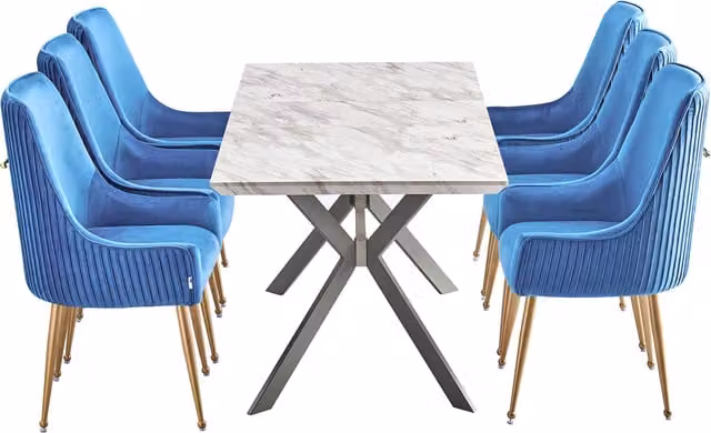 Life Interiors Soho Blaze LUX Dining Set with Marble Table and 6 Blue Velvet Padded Chairs