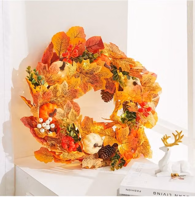 Living and Home 45cm Pre-Lit Autumn Wreath with White Pumpkin, Ginkgo and Maple Leaves in Orange, White, Red and Green – 1