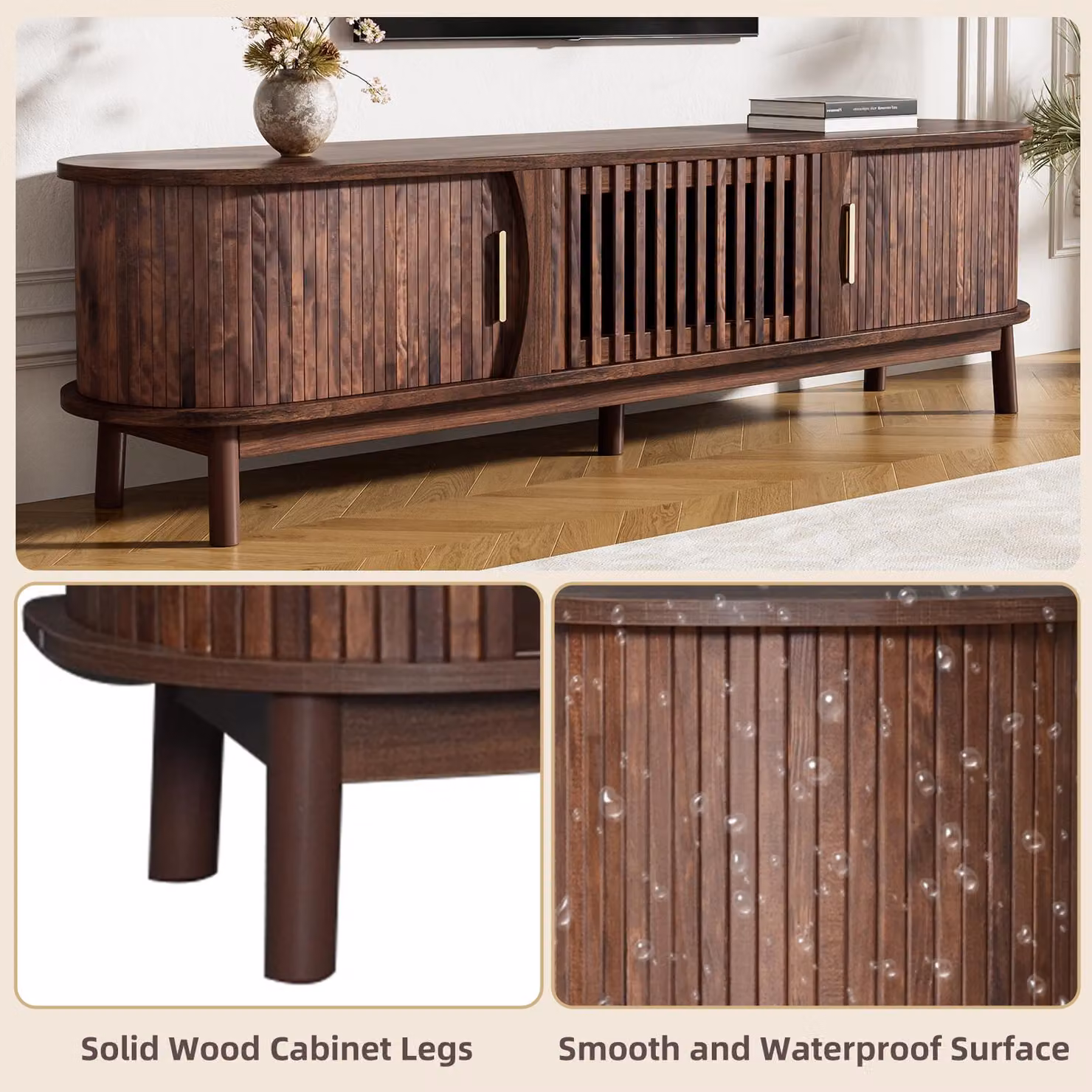 Aosom UK Retro MDF TV Stand with Sliding Wood-Slat Doors in Dark Oak, W/D/H: 165 x 39.5 x 46 cm – 3
