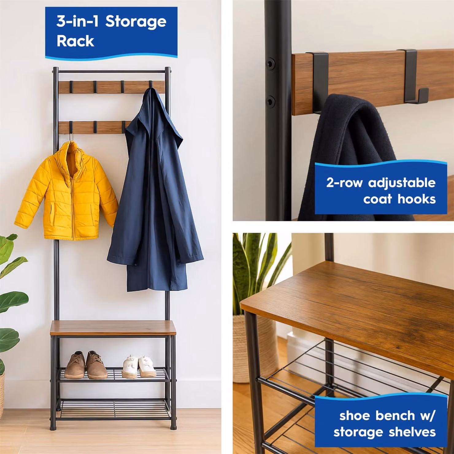 Harbour Housewares Industrial Hall Tree with Shoe Storage Bench and Coat Rack in Brown – 3