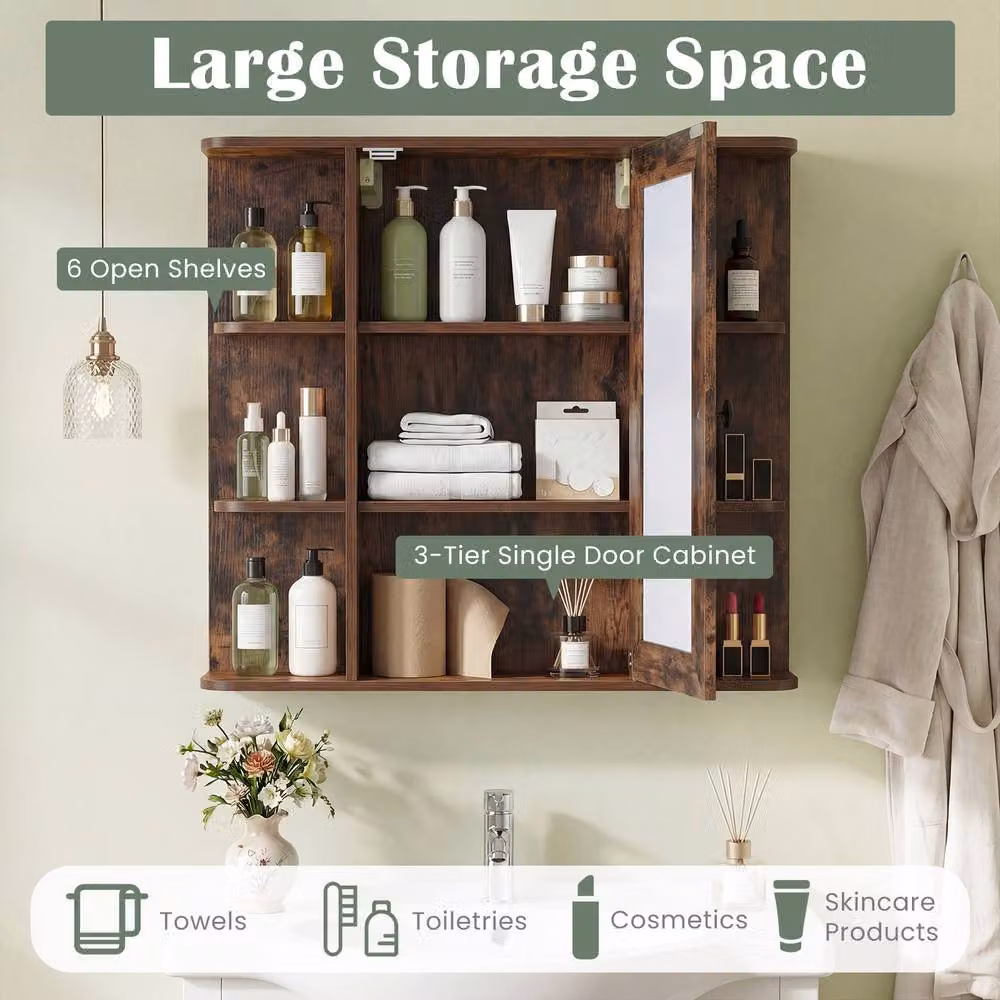 Gymax Wall Mounted Brown Modern Bathroom Medicine Cabinet with Mirror and Internal Shelves – 5