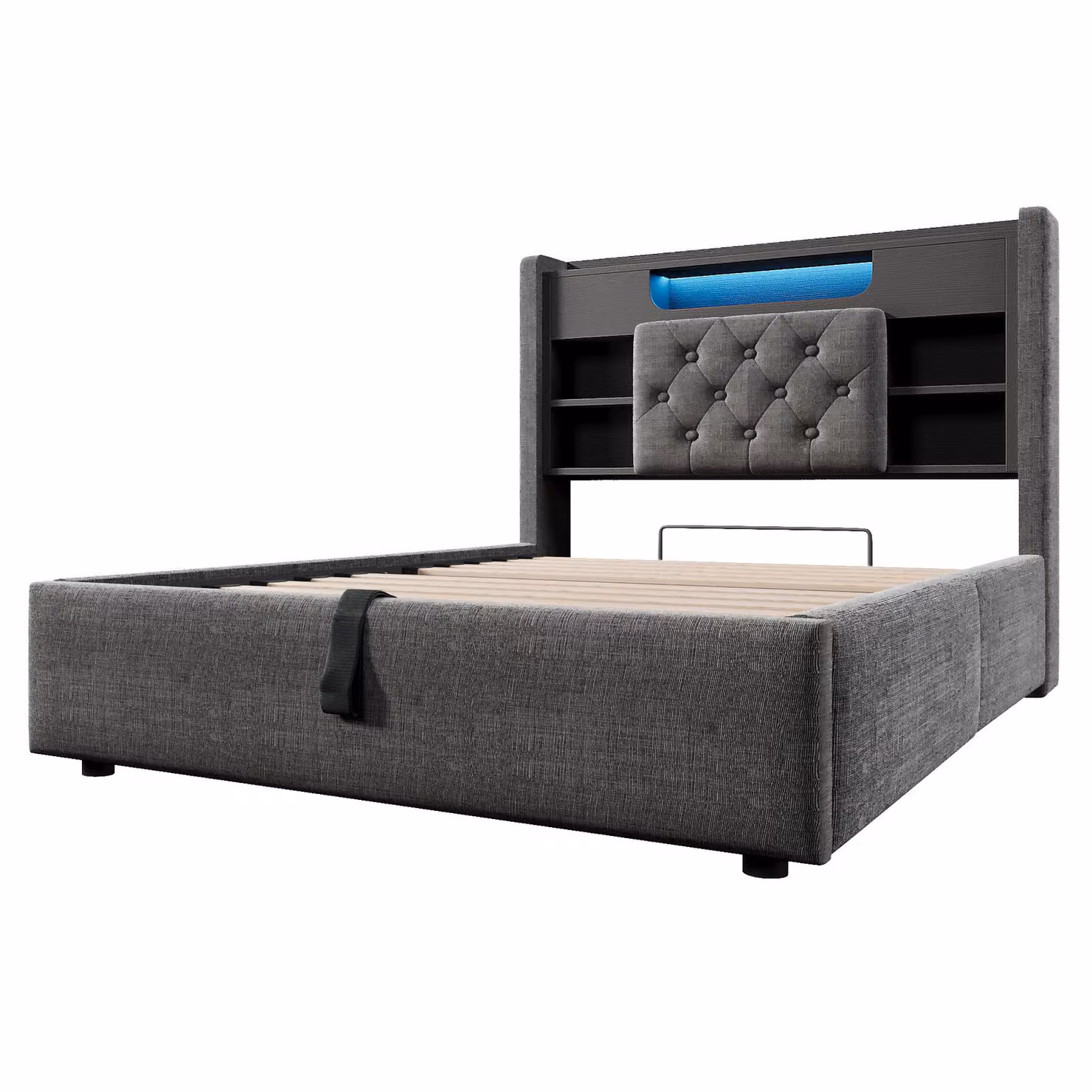 Aosom UK Grey Upholstered Linen Double Bed Frame with Hydraulic Under-Bed Storage, Ambient LED Lighting and USB Charging Port, W/D/H: 143 x 213 x 115 cm – 2